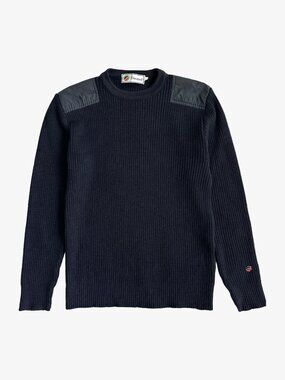 Vintage 80's Dark Navy French Rib Knit Patched Commando Wool Sweater by Busnel